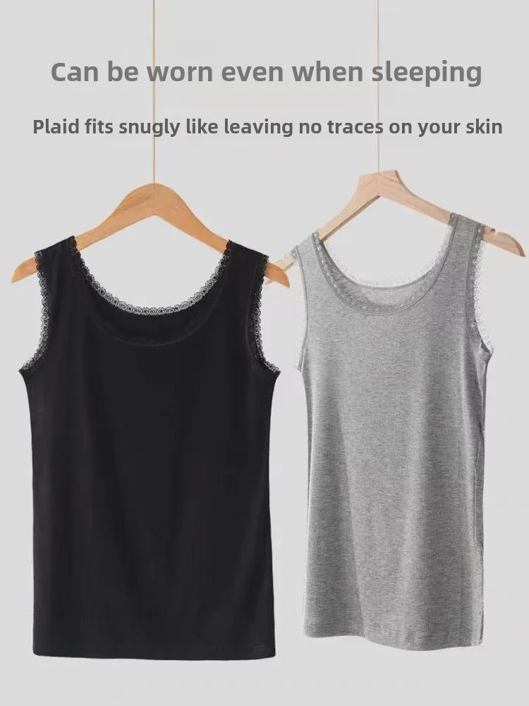 Damen Modal Geripptes Tanktop mit breiten Trägern und Spitzenbesatz - Frühling/Sommer Übergröße Lockere Passform