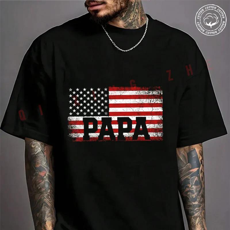 Papa American Flag Father's Day 4th Of July Gift Grandpa Moto Cotton T-shirt Summer Casual Shor