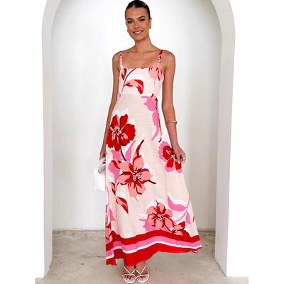 Womens Summer Boho Floral Dress Spaghetti Strap Square Neck Ruffle Casual Flowy A-Line Beach Swing Party Long Sundress Sleeveless Maxi Dress for Women