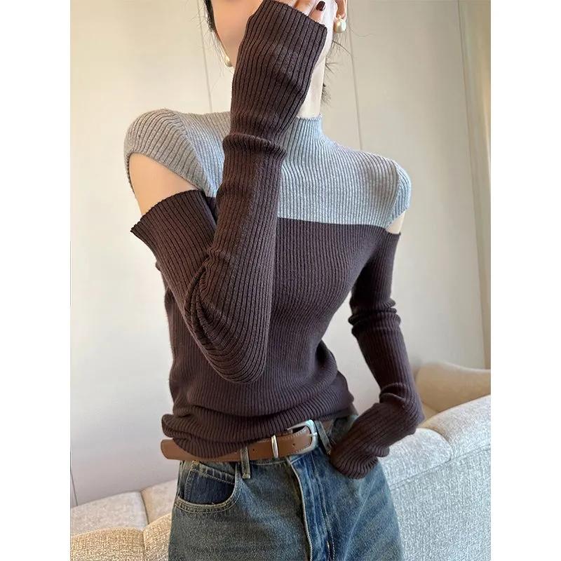 New Color-blocked Half Turtleneck Off-shoulder  for Women Autumn Versatile Bottoming Sweater