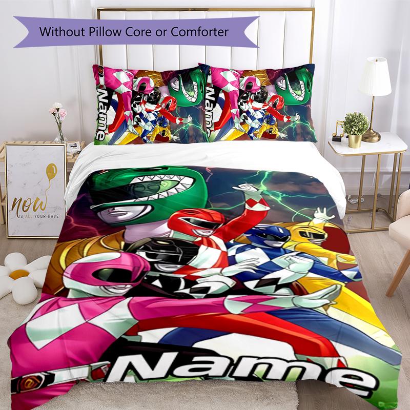 Ensemble de literie 3 pièces Nom personnalisé Dessin animé Mighty Morphin Power Rangers Housse de couette Fermeture Comprend 1 housse de couette et 2 taies d'oreiller Pour toutes les saisons Chambre D