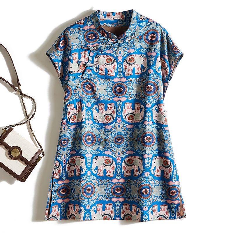 

Color Dyed Bright! Chinese Style Women Summer Satin Poplin Cotton Buckle Raglan Sleeve Double Side Split Blue Elephant Dress Blue 3XL