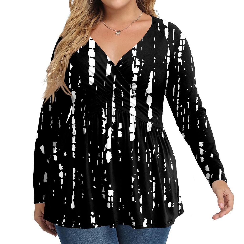 Cămașă de damă plus size cu mânecă lungă, top cu imprimeu plisat casual cu gât în V