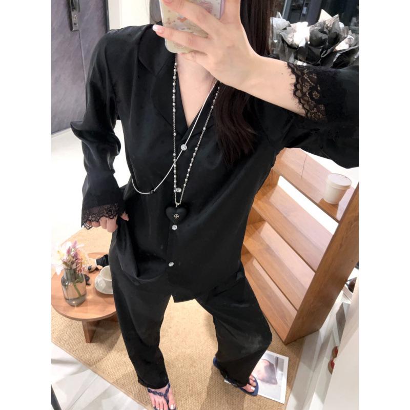 

Женская пижама из ледяного шелка с принтом сердечек - Длинный рукав, Белая кружевная отделка, Модная для весны и осени XL 60-67.5 kg