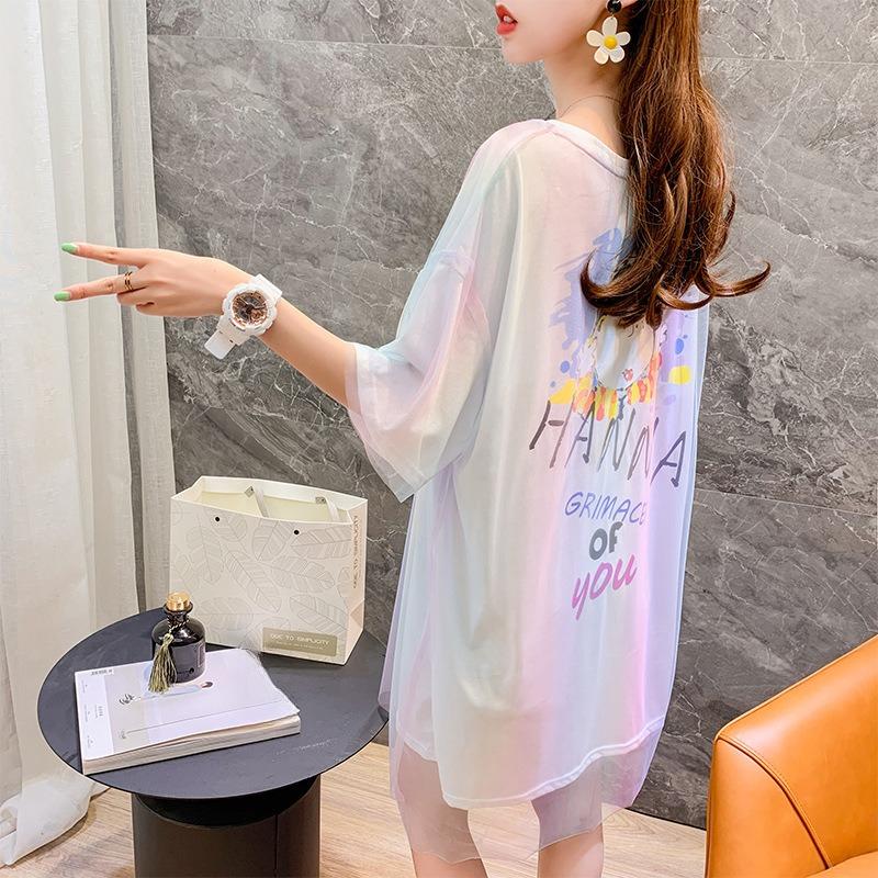 Dámské postupné barevné síťované šaty s krátkým rukávem, letní volná velká verze dlouhých falešných dvou šatů