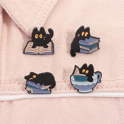 Cute Big Eyes Black Cat Reading Book Enamel Pins Funny Kitten Animal Brooches Lapel Badge Jewelry Gifts for Book Lover Friends