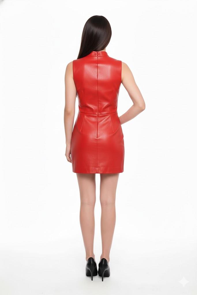 Red Dress Women Stylish Party Casual Soft New Handmade Genuine Leather Lambskin