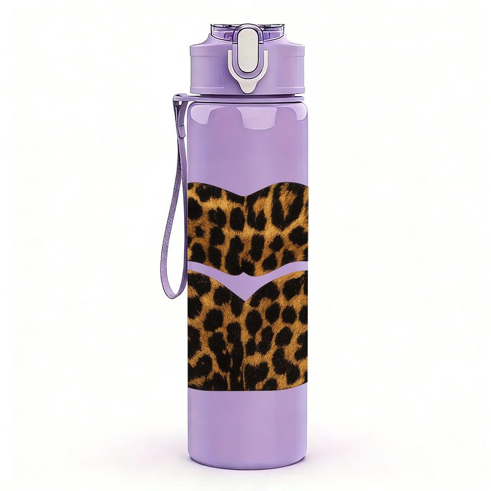 1PC Leopard Lips Texture Print 750ml Color Plastic Sports Water Bottle Leakproof Flip Straw Lid Suitable for Sports Office Home Use