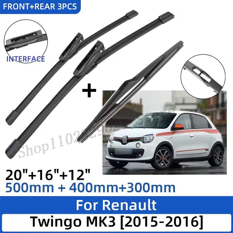 3PCS For Renault Twingo MK3 2015-2016 20"+16"+12" Front Rear Wiper Blades Windshield Windscreen Window Cutter Accessories 2016