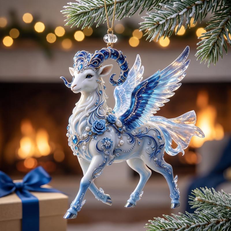 2D Flat Christmas Hanging Pendant Acrylic Blue White Winged Goat Pendant Xmas Tree Hanging Ornament Bag Charms