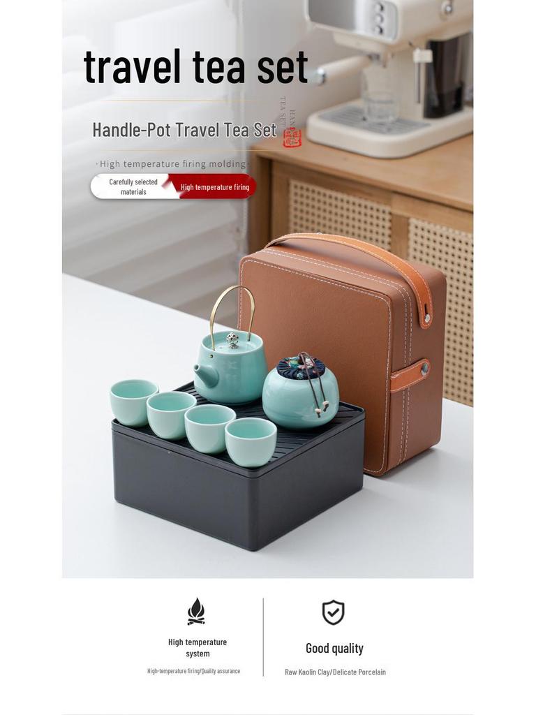 Portable Ceramic Kung Fu Tea Set: Teapot with Handle and Four Cups for Travel and Business Gifting
