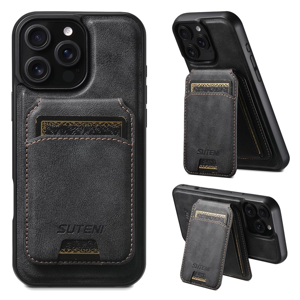SUTENI M5 For iPhone 16 Pro Magnetic Case with Card Bag Cowhide Texture Leather Phone Back Cover
