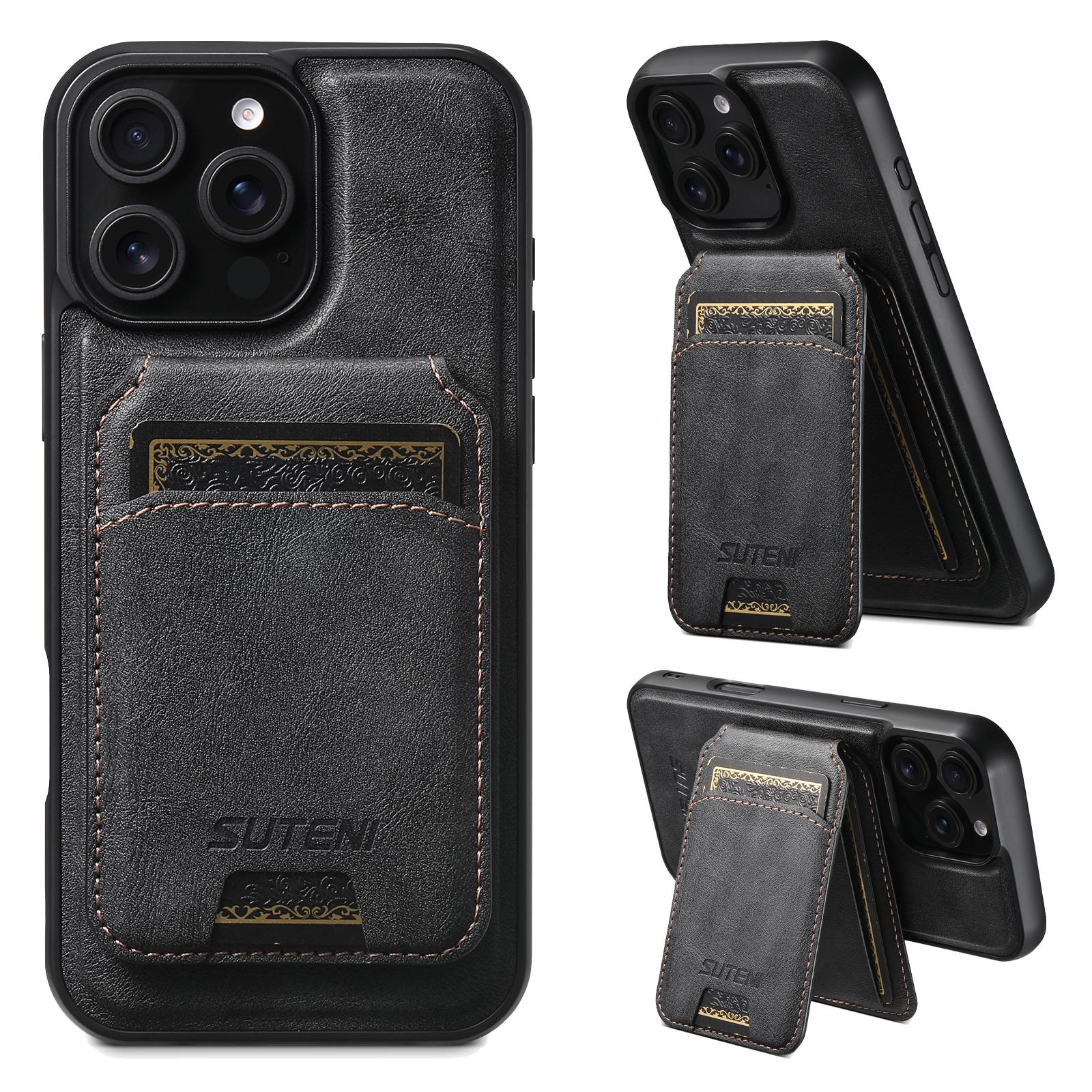 

Для iPhone 16 Pro Max Магнітний чохол з кишенею для карток Шкіряна задня кришка для телефону з текстурою коров ячої шкіри Black