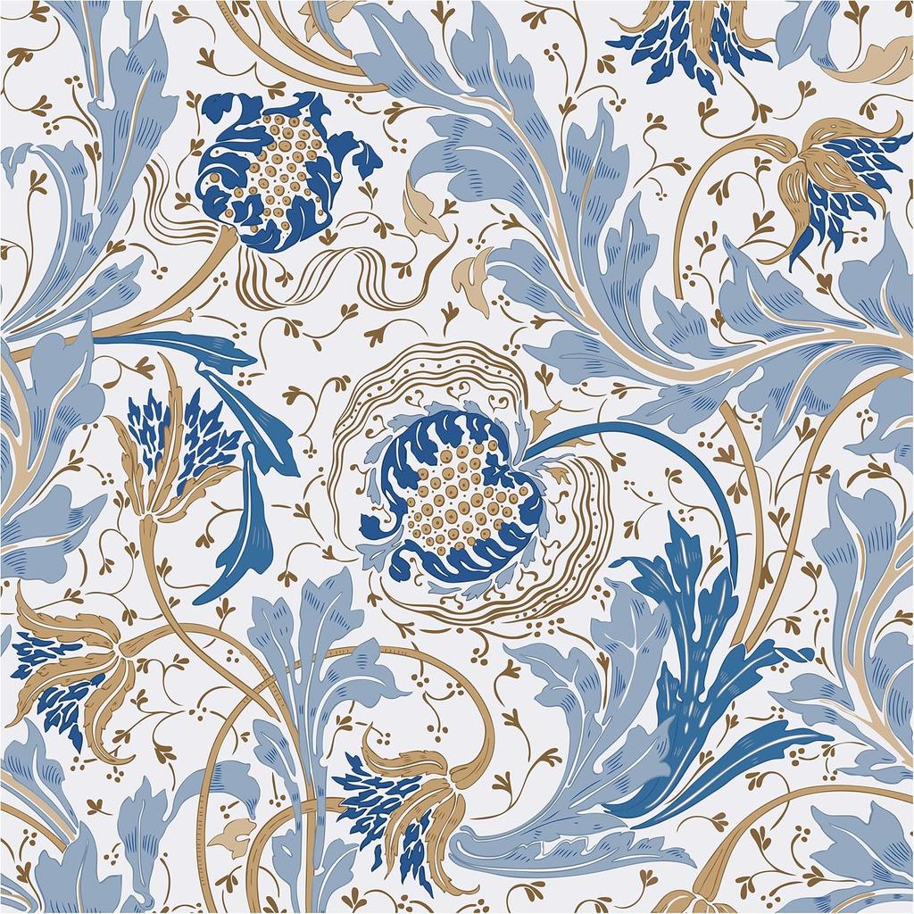 Blooming Wall DPYC01 Blue Pomegranate and Rolled Flower and Leaves Textured Peel and Stick Wallpaper Self-Adhesive Prepasted Wallpaper