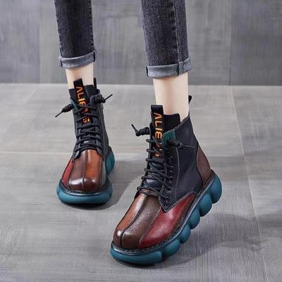 Mode Damenstiefel Mode Chelsea Boot Vintage Kurze Leder-Stiefeletten Herbst Winter Neue Leder-Patchwork-Plateau-Stiefel