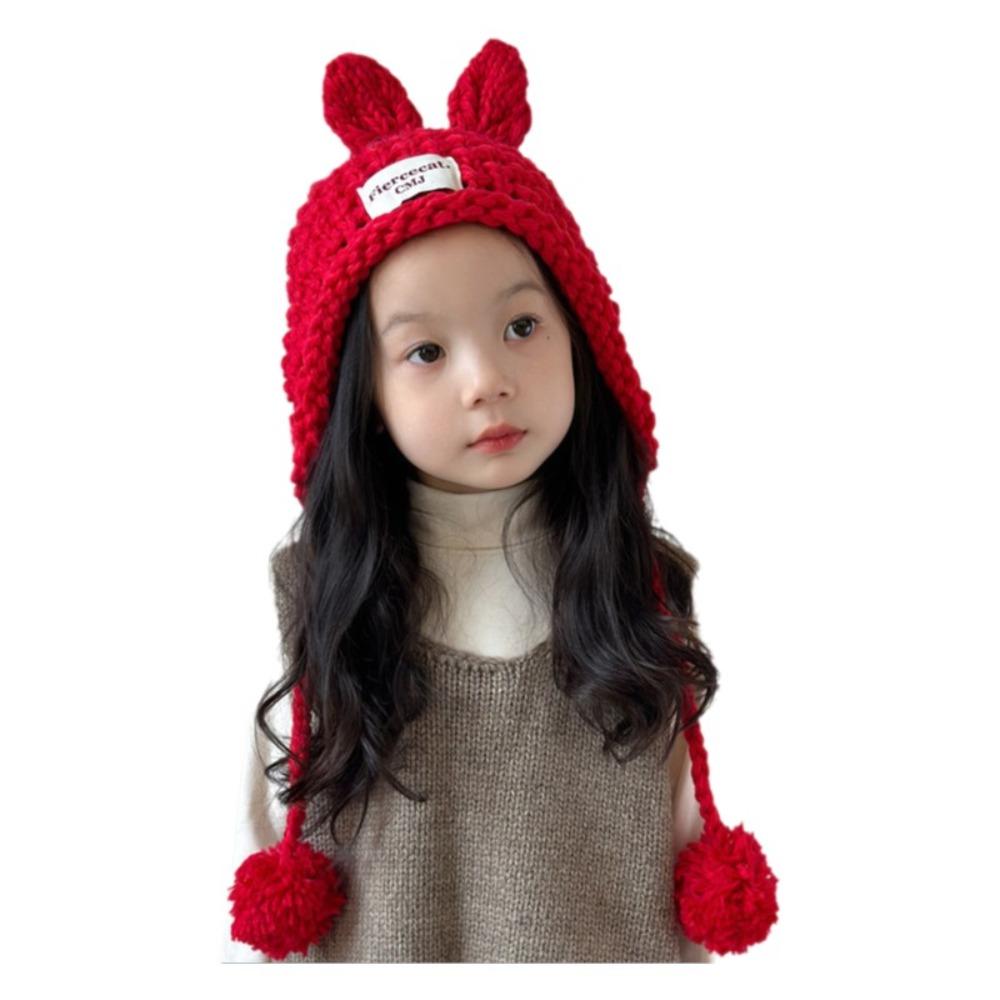 Rabbit Ear Kids Knitted Hat Solid Color Warm Winter Cap Warm Crochet Beanie Outdoor Winter