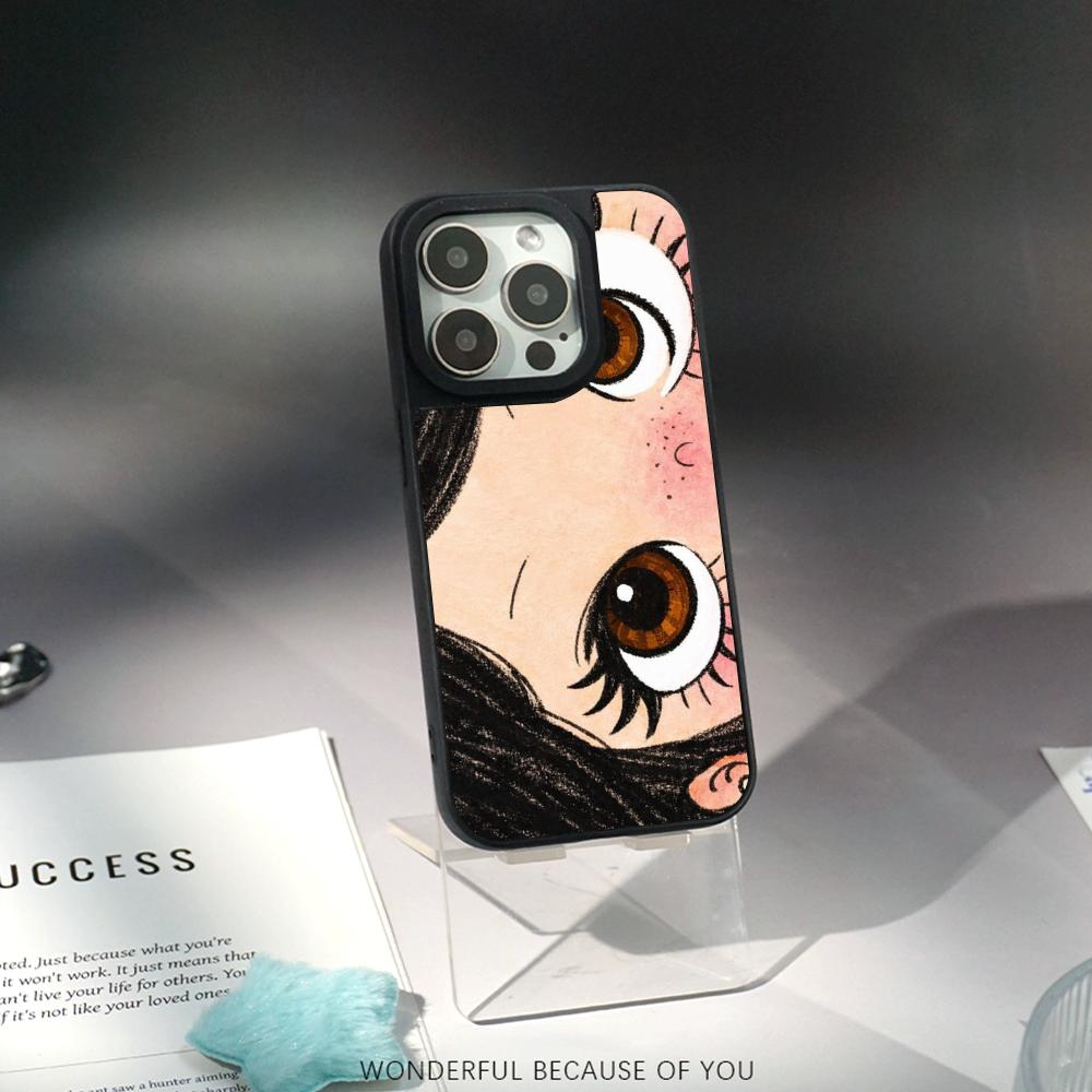 Big-eyed cute girl cartoon design Phone Case for iPhone 17 16 e 15 14 13 12 Pro Max Sheepskin Silver-edged protective case