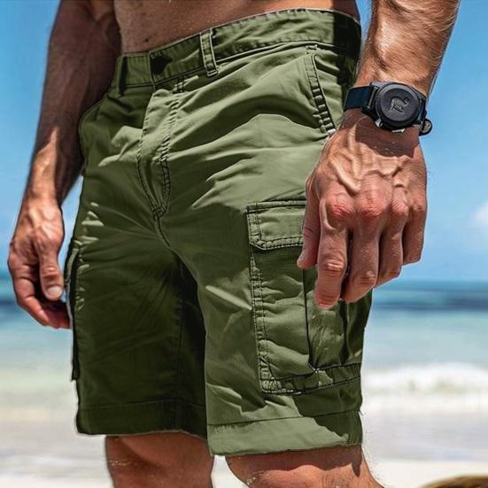 Men Cargo Shorts Mid-rise Button Zipper Fly Casual Shorts with Multi Pockets Solid Color Straight Wide Leg Summer Shorts