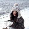 Women Knitted Bobble Hat Furry Inner Ear Flaps with Pompom Ball Winter Outdoor