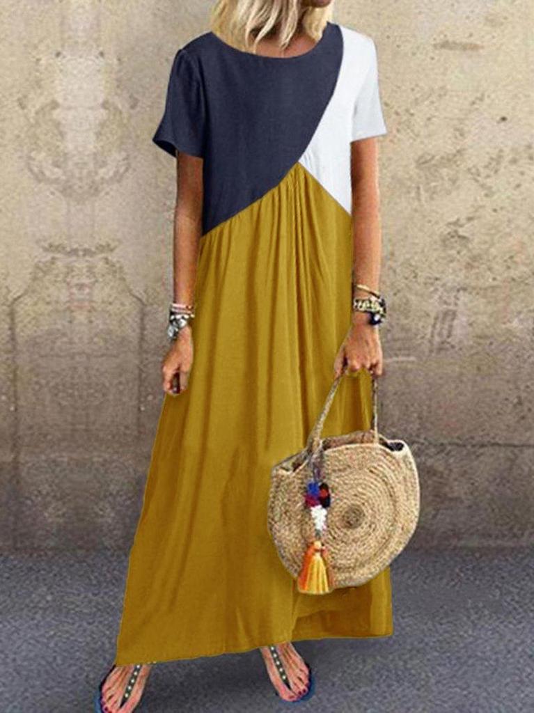 2023 Geometric Color Block Patchwork Long Summer Beach Dress