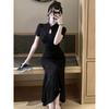 New Chinese style dark flower improved cheongsam women's summer waist thin dress buckle design hip fish tail skirt