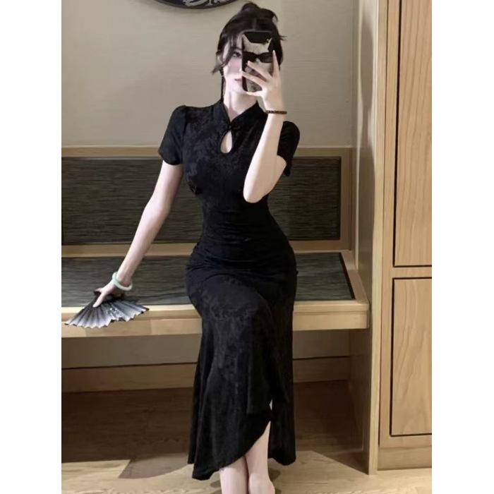 New Chinese style dark flower improved cheongsam women's summer waist thin dress buckle design hip fish tail skirt
