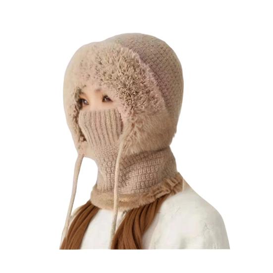 Outdoor Headgear Solid Color Plush Trim Windproof Warm Face Guard Scarf Hat Skiing Hiking Biking Winter