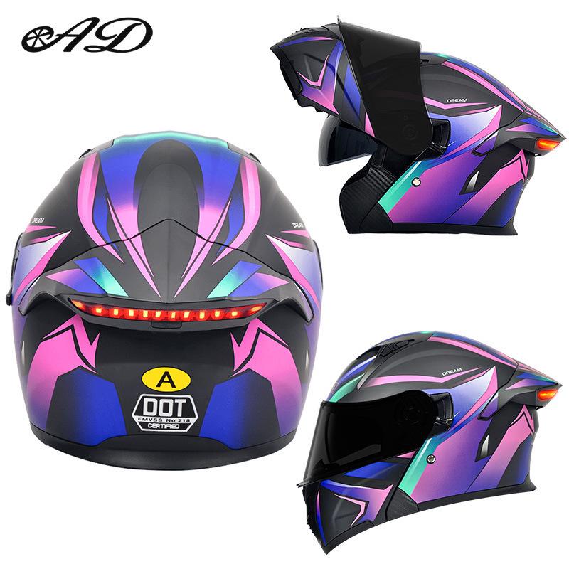 Unisex Full Face Flip-Up Motorcycle Helmet with LED Taillight, All-Season, 3C/DOT Certified