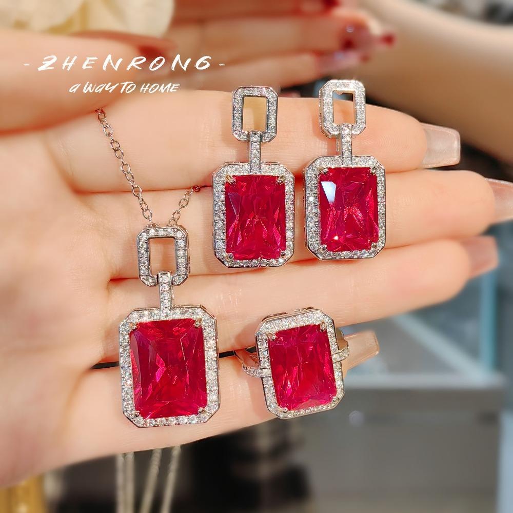 Luxury Women Jewelry Set Pigeon Blood Ruby Pendant Necklace Red Corundum Ring and Earrings
