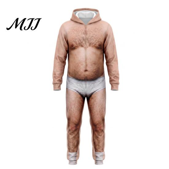Relaxed Fit Rompers Funny 3D Dad Bod Onesie for Men, Ugly Halloween One-Piece Romper Soft Loungewear Men with Hood, Zip Up Long Sleeve Jumpsuit,