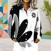 Women Plus Size Collared Long Sleeve Black White Abstract Floral Printed Button Down Shirt