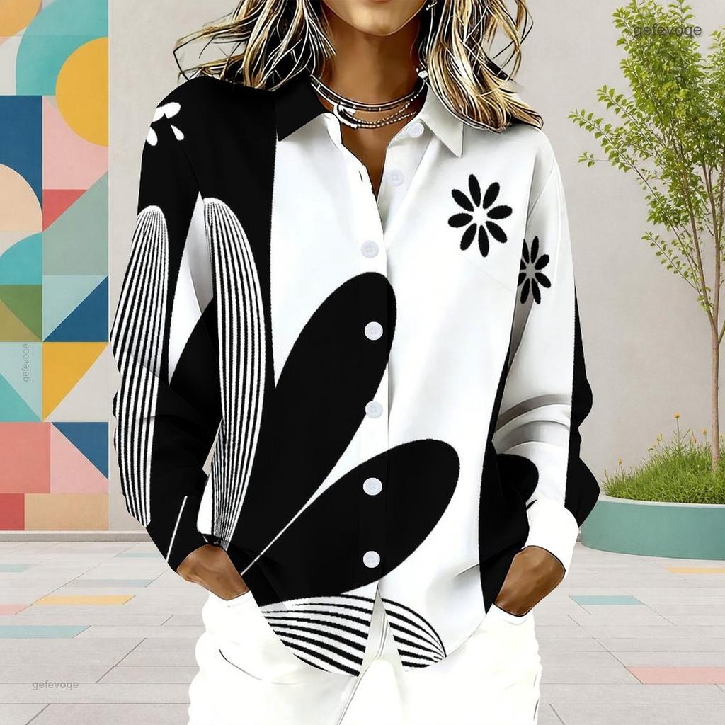 Women Plus Size Collared Long Sleeve Black White Abstract Floral Printed Button Down Shirt