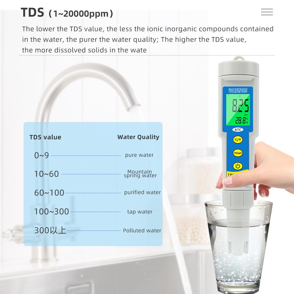 Waterproof EC/TEMP/TDS/PH/TEMP Meter Water QualityTester Analyzer LCD for Aquarium Pool 1-14 PH Meter