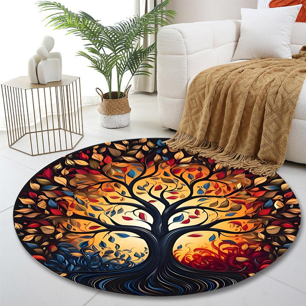 Colorful Tree of Life Design Print Round Rug, Living Room, Bedroom, Playroom Carpet, Non Slip Floor Mat, Gift