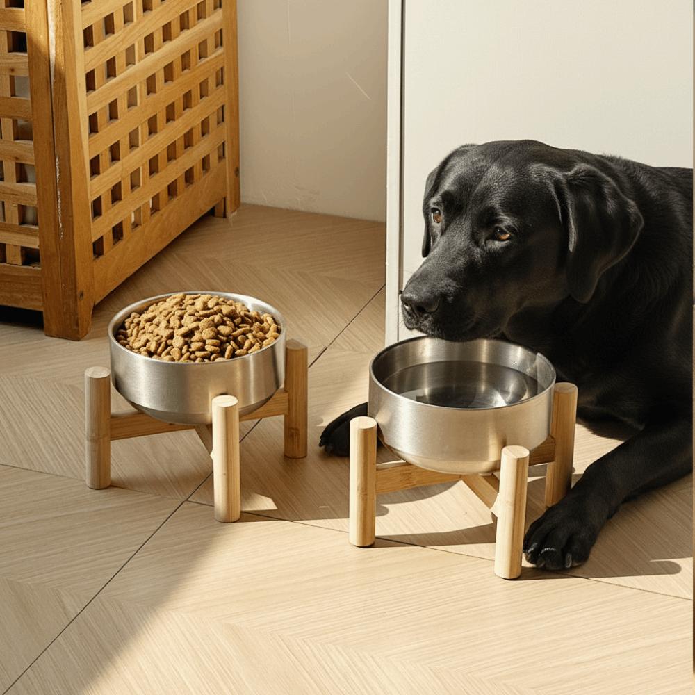 Wooden Stand Stainless Steel Dog Bowl Tilt-proof Rust-proof Cat Food Bowl Elevated Double Layer Pet Feeding Bowl Pet Supplies
