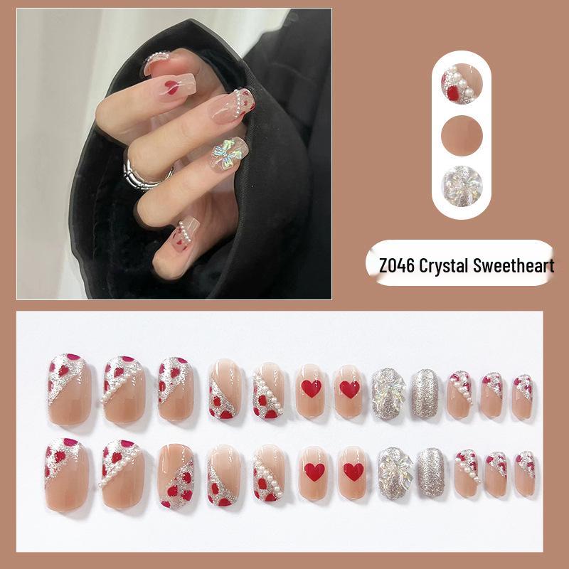 

Кристальные Кошачий глаз Жемчуг Сердце Бант Короткие Накладные Ногти - Съемные Элементы Нейл-арта