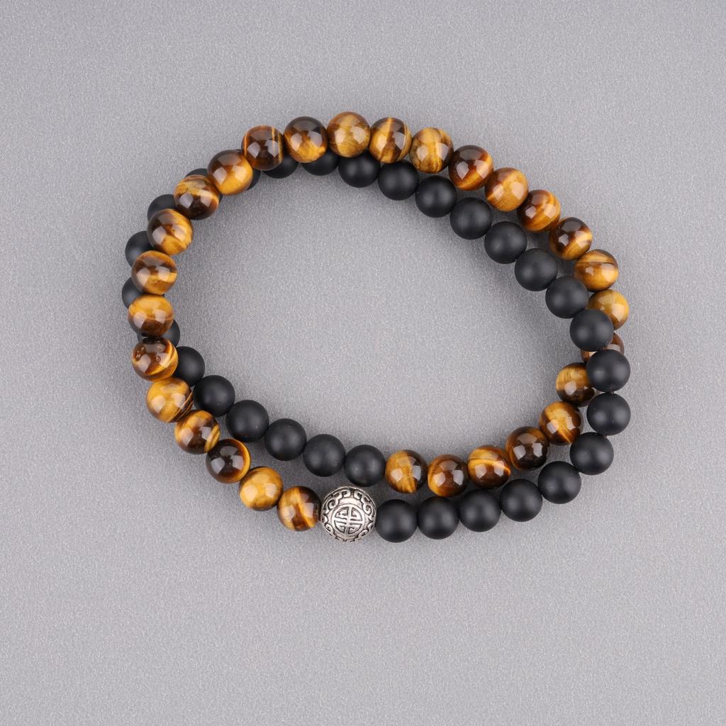 COAI Tiger Eye Matte Onyx Antique Finish Silver Lightning Carving Money Luck Good Luck Charm Double Wrap Power Stone Bracelet for Men and Women