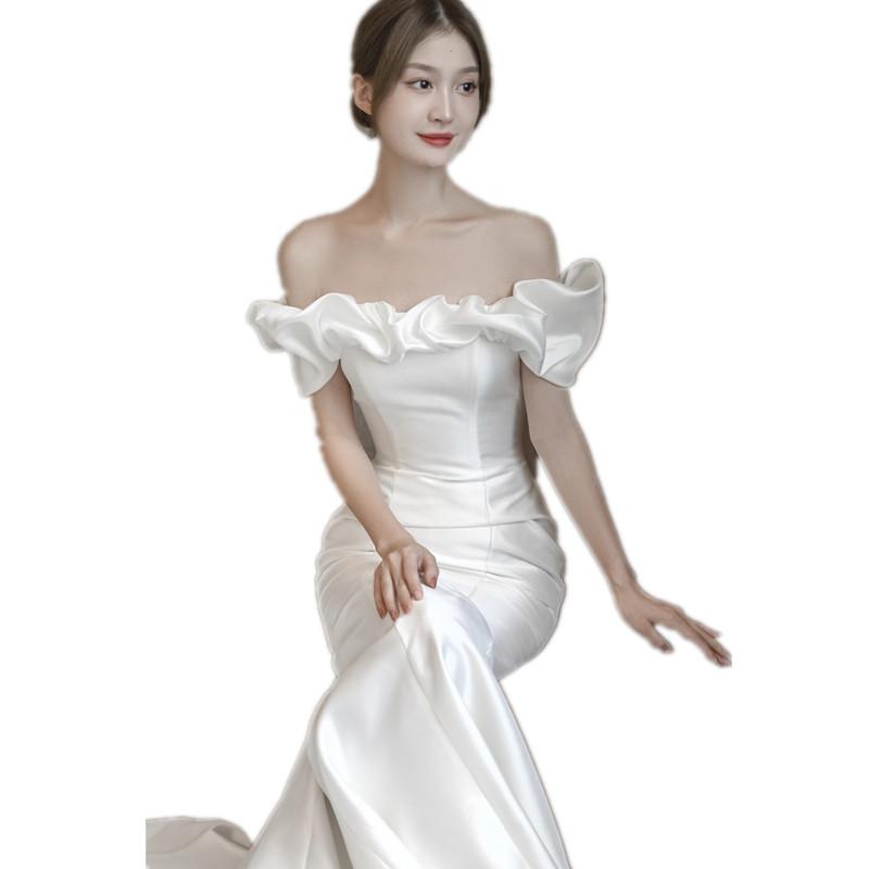 Off-the-shoulder French Light Wedding Dress, Satin Simple, 1011 New Mermaid White Slimming Welcome Tail Gauze for Outings