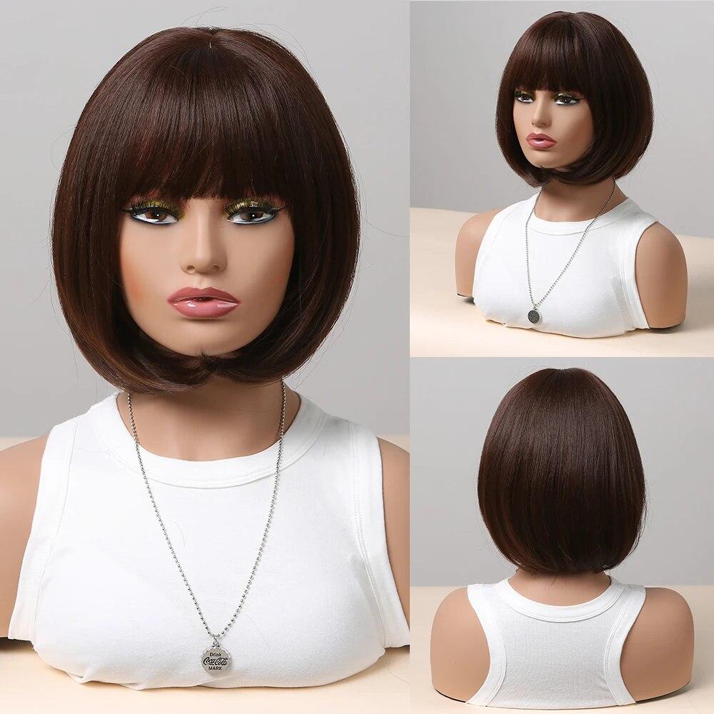 Short Straight Bob Synthetic Wigs with Bangs for Women Brown To Blonde Wig Cosplay Party Daily Heat Resistant Fiber Hair