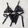 2 Pcs/Set Bra Panties Set Lace Uo Bow-knot See-through Lace V Neck Spaghetti Strap Three Point Pornographic Lady Underwear Suit