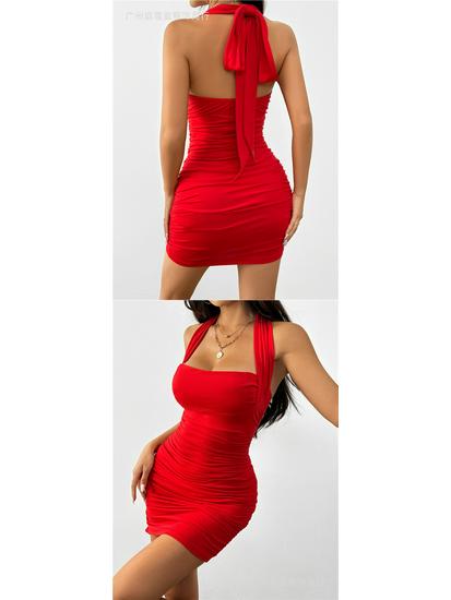 European & American Sexy Waist-Cinched Red Halter Bodycon Dress for Women