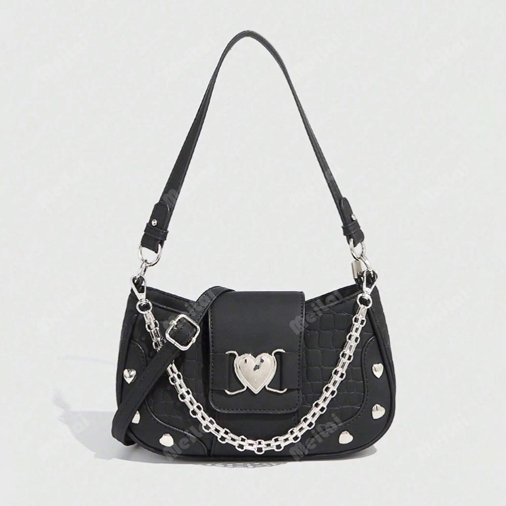 Damen Krokodil-Textur PU-Leder Achseltasche, Kette & Herz-Dekor Y2K Punk Hobo-Tasche, Trendige Vielseitige Lässige Umhängetasche