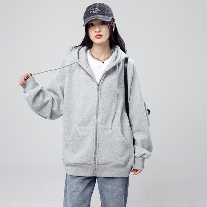 Black hooded sweater jacket women's autumn and winter classic basic heavy fleece thickened casual loose versatile top