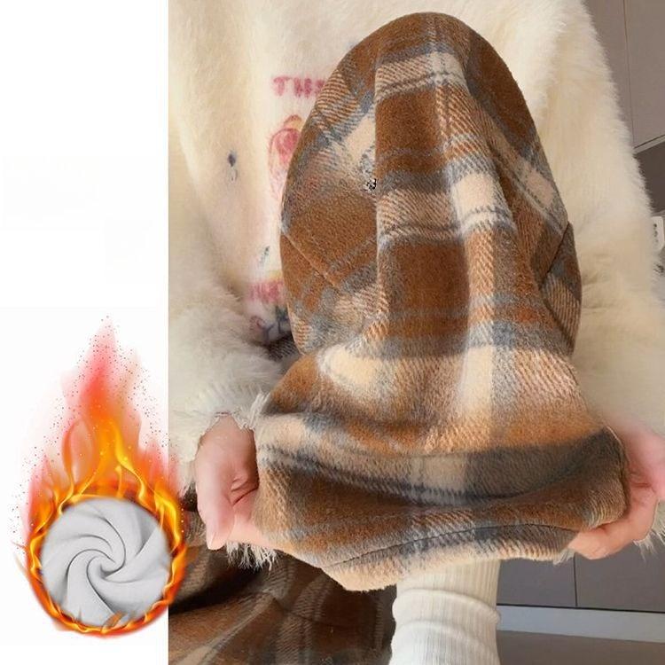 Coffee-colored Retro Checkered Casual Pants for Women In Autumn and Winter, Thickened and Fleece High-waisted Woolen Loose Floor-length Pants