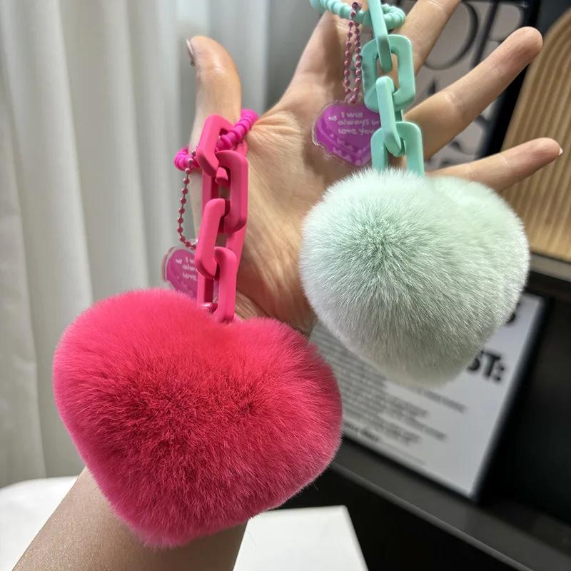 New Creative Real Fur Rex Rabbit Hair Pink Love Chain Car Exquisite Schoolbag Pendant Couple Pendant Cute Bag Charm