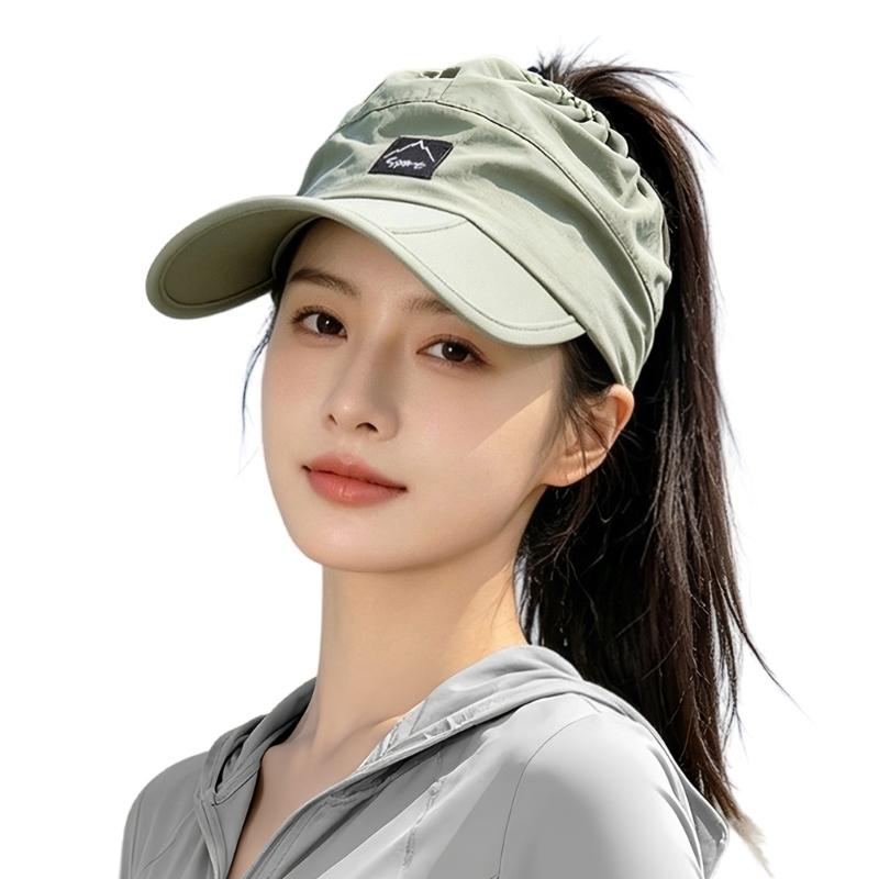 Women's Packable Open-Top Sun Hat Cap, Breathable Nylon Ponytail Style with Front Bill for Hiking and Holiday Travel
