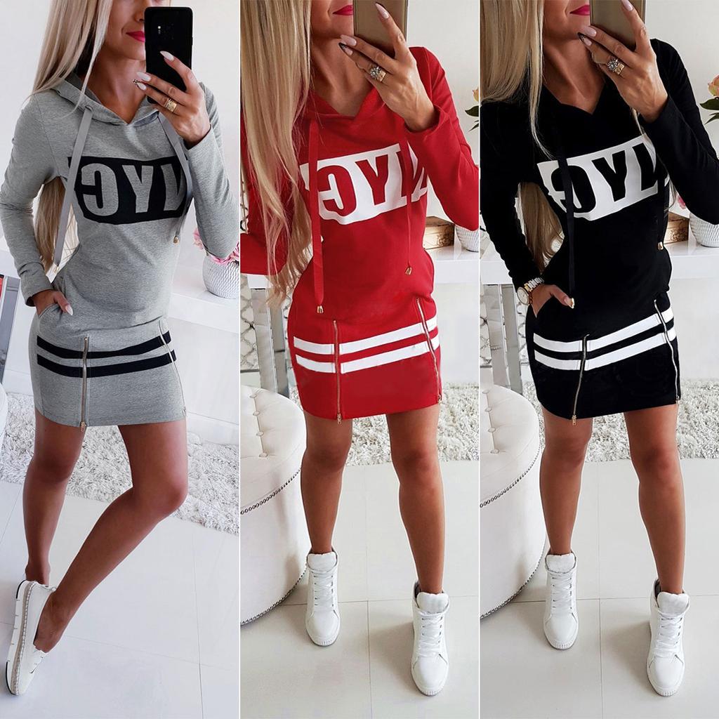 

Леди-стрит Письмо Печати Drawstring Стетовая одежда платье Праздник Досуг Циппер Хем Мини платье