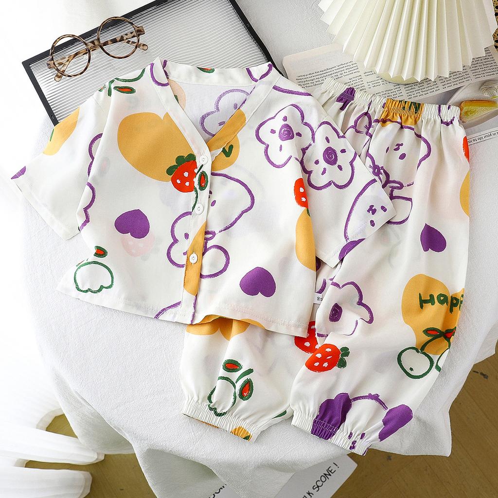 Children's Home Clothes Cotton Silk Set Summer Men's and Women's Pajamas Artificial Cotton Two Piece Set Cotton Silk Air Conditioning Clothes