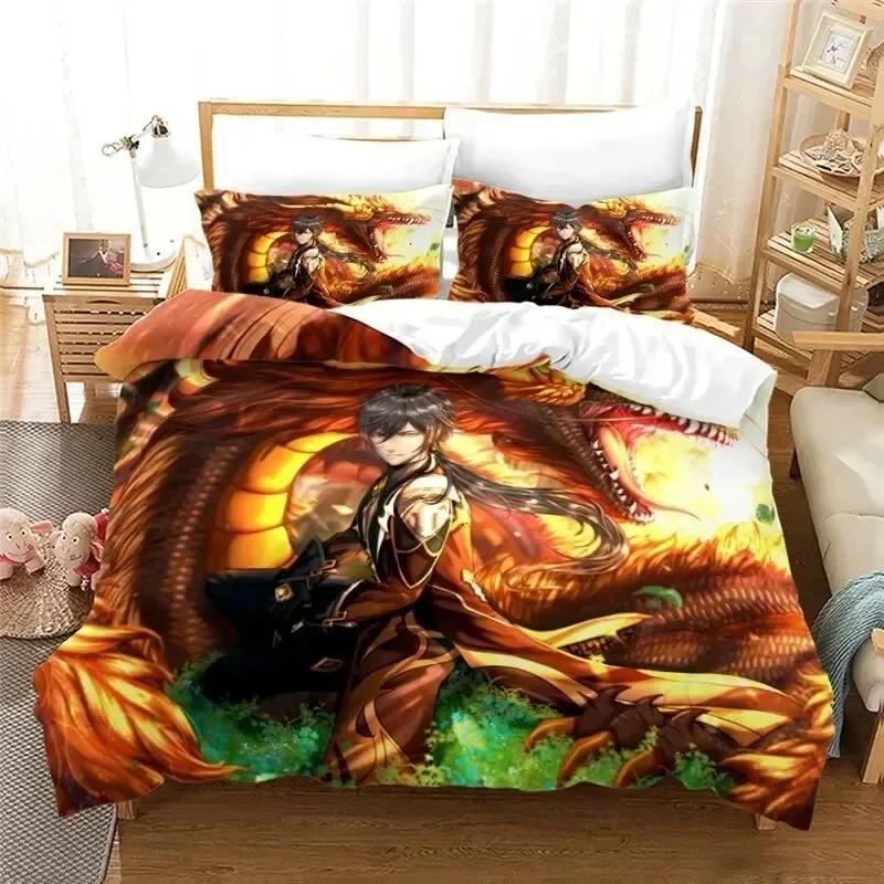 Anime Genshin Impact Paimon Bedding Set Duvet Cover Sheet Printed Bed Set Pillowcase Bed Full Queen King Size Comforter Bedroom