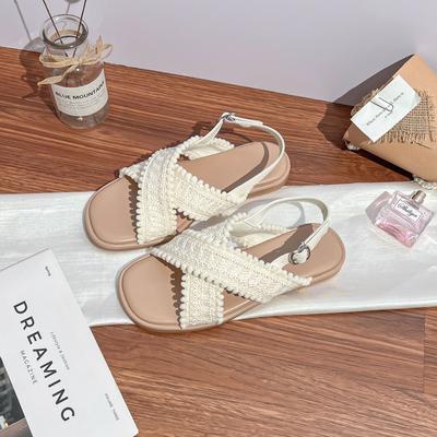 Traubenmutter Sommer neue sanfte Wind gewebte Kreuzriemensandalen Damen Temperament tragen vielseitige flache Sohle coole Hausschuhe